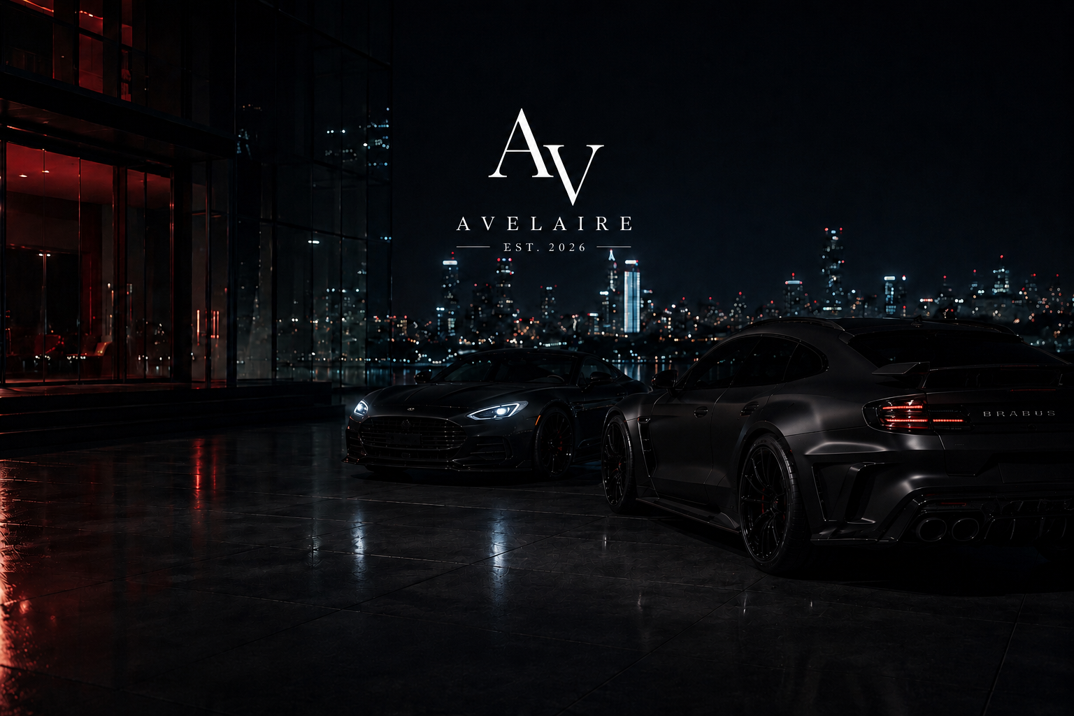 Avelaire — city skyline at night, man leaning on Porsche